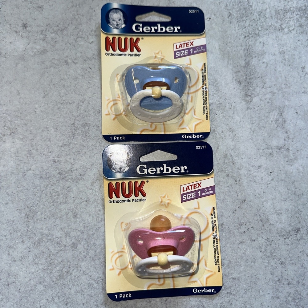 2 Gerber NUK Orthodontic Latex Pacifiers Size 1 Blue Pink Newborn